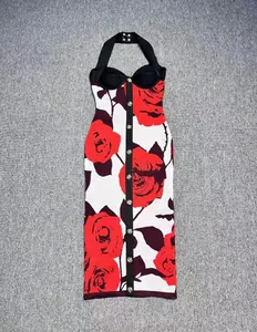 Elegant floral halter bandage dress with single-breasted buttons and rose print detail