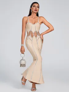 Full studio view of the beige bandage dress with intricate rhinestone lattice patterns