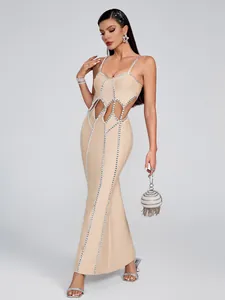 Elegant floor-length bandage dress with vertical rhinestones and waist cut-outs.
