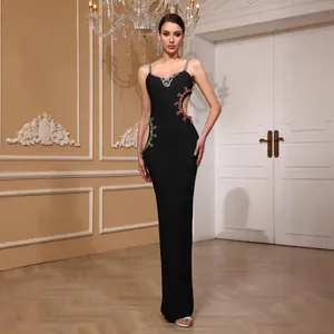 Vestido Largo Sexy de Vendaje para Mujer Negro Corte Asimétrico Strass Gema Espalda Descubierta Abertura Elegante Banquete Gala