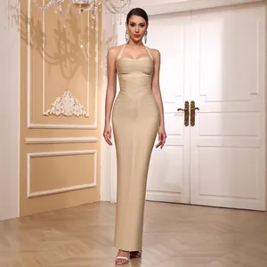 Elegant champagne sleeveless halter neck bandage maxi dress for evening party gala