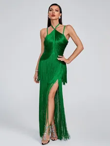 Elegant emerald green halter dress featuring multi-layered fringes and high slit