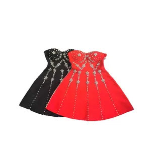 Elegant sleeveless bandage party dresses with heavy beadwork in red and black colors
