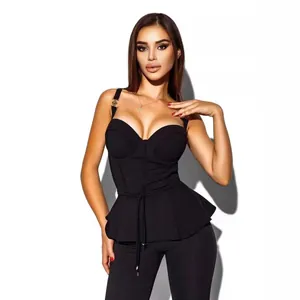 Elegant black rib-knit peplum top and matching stretchy pants two-piece set for women