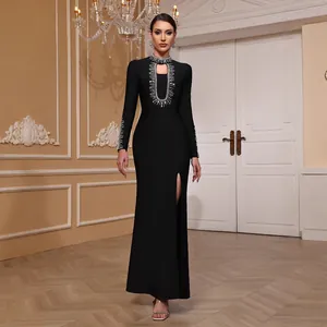 Women Black Long Sleeve Maxi Dress Heavy Beadwork High Split Bandage Slim Fit Elegant Evening Party Ball Gown Dress