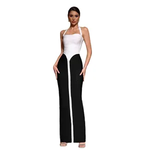 Sleeveless black and white bandage maxi dress with halter neck and slim-fit design