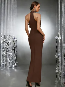 Elegant brown halter neck bodycon evening gown featuring a sleek backless design.