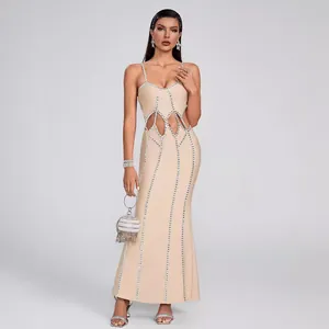 Sexy V-Neck Rhinestone Bandage Dress For Women Cut Out Backless Sleeveless Maxi Evening Party Dress Formal Clubwear Bottom