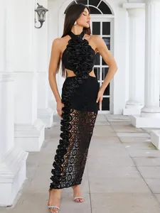 Elegant black halter bandage dress with 3D ruffle details and hollow-out lace