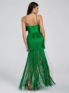 Back view of elegant green halter dress featuring long tassels for evening prom