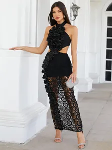 Elegant black halter lace hollow-out bandage evening dress with 3D ruffle details.
