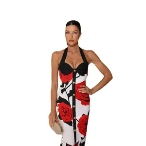 Elegant floral print bandage halter dress with gold buttons for formal evening gala party.