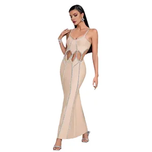 Elegant beige bandage maxi dress with vertical rhinestone stripes and sexy waist cut-outs