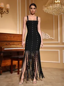 Elegant black bandage dress with sparkling rhinestones and long tassel fringe details.