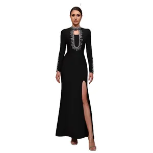 Elegant black long-sleeve bandage evening dress featuring crystal beads and high side slit