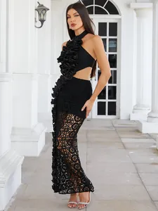 Elegant black halter bandage evening dress with 3D ruffles and delicate lace skirt detail