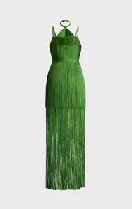 Detailed back view of an elegant green halter maxi dress with double-layered fringe