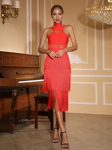 Elegant red halter bandage dress featuring long tassels and mesh detailing for party wear.