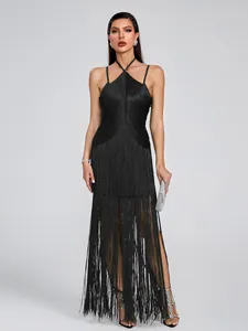 Full body view of elegant black halter neck maxi dress with fringe detail for evening parties