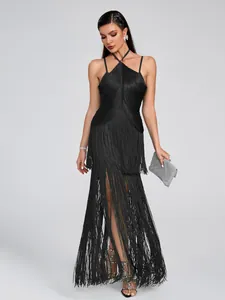 Elegant black halter maxi dress featuring layered long fringe details for evening parties