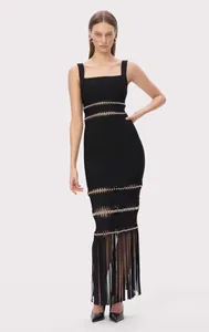 Elegant black bandage evening dress with shimmering sequin details and long fringe hem.