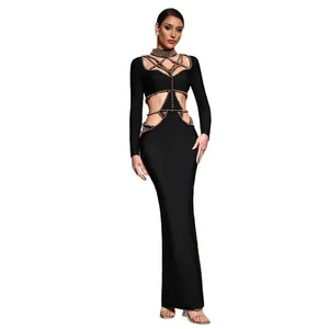 Vestido maxi bandage negro de manga larga con detalles de pedrería calada
