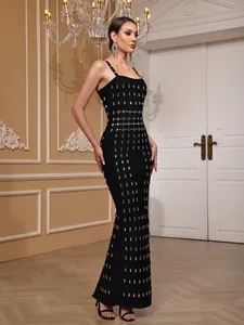 Elegante vestido largo bandage negro con tachuelas plateadas y tirantes finos mujer