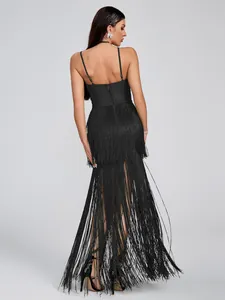 Back view detail of a black fringe floor-length evening party gown