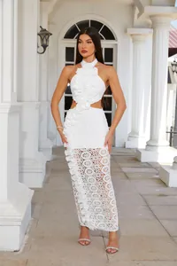 Elegant white halter bandage dress with 3D lace ruffles and hollow-out detailing