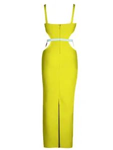 Detailed back view of yellow bandage maxi dress with waist cut-outs and slit for party