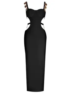 Detail view of elegant black bandage maxi dress with waist cut-outs and jewel straps.