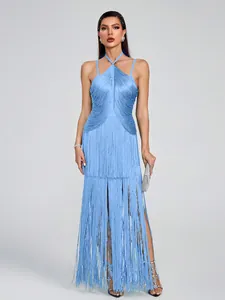 Elegant light blue halter maxi dress featuring long layered fringe for evening parties