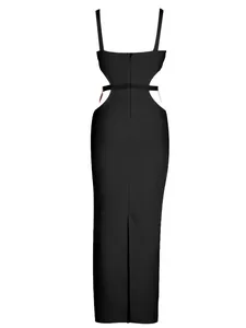 Back view detail of black hollow-out bandage dress with gold-tone alloy waist chain