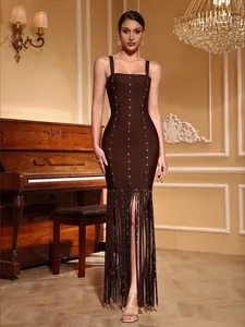 Full view of elegant dark brown bandage dress featuring rhinestone details and long fringe.