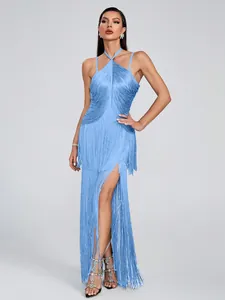 Elegant blue halter fringe dress with high slit, perfect for formal evening parties.