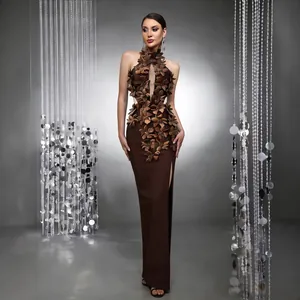 Elegant coffee brown slim fit evening gown with 3D floral details and high slit.