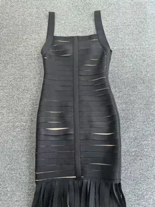 Elegant black bandage dress with fringe hem and sleeveless bodycon fit