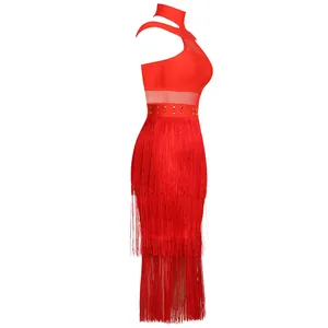 Detailed side view of a red high-neck bandage dress with mesh and long fringe