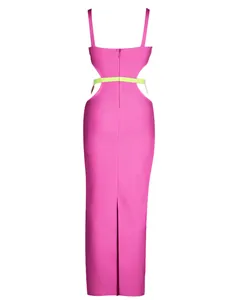 Hot pink cutout bandage maxi dress with neon yellow waist band and back slit detail