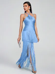 Full view of elegant light blue halter long dress with flowing fringe for evening parties