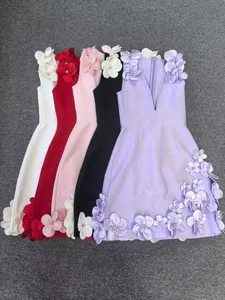 Various colors of sleeveless deep V-neck bandage dresses with 3D floral beaded hem