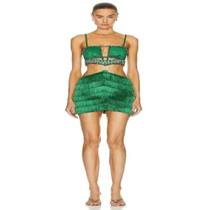 Women Sexy Bandage Skirt Set Rhinestone Tassel Hollow Out Backless Metal Ring Patchwork Mini Skirt Top And Bottom Party Outfit