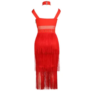 Detailed back view of a red fringe bandage dress featuring mesh inserts and stud accents