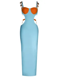 Elegant light blue bandage maxi dress featuring orange cups and gold chain straps