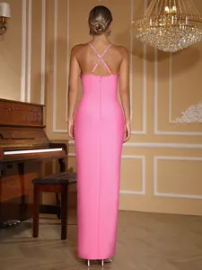 Elegant pink rhinestone bandage maxi dress back view with crossover rhinestone straps