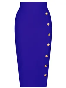 Elegante gonna midi fasciante blu reale con bottoni dorati decorativi laterali