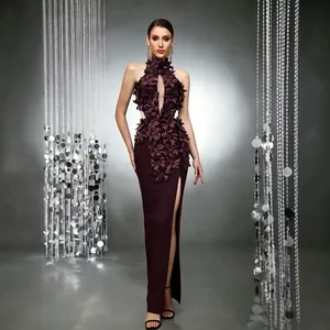 Elegant burgundy evening dress with 3D floral applique and sexy high slit for parties