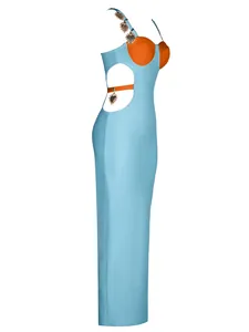 Side profile of a light blue bandage maxi dress with orange cut-outs and heart charms