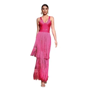 Elegant hot pink deep V-neck sleeveless fringe bandage dress for party red carpet events