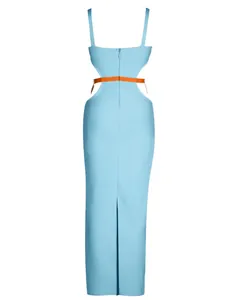 Detailed back view of a light blue cut-out bandage maxi dress with orange strap and back slit